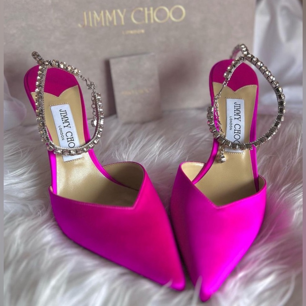 Jimmy Choo fuchsia satin Saeda 100 Crystal embellished strappy pumps